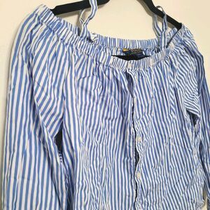 Lauren Ralph Lauren Blue White Striped Peasant Top Size 16 Cottagecore